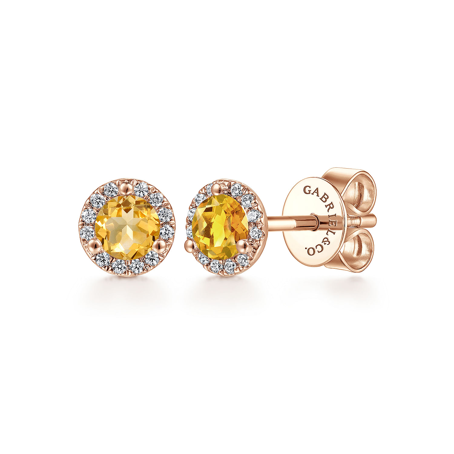 14k Rose Gold Round Halo Citrine and Diamond Stud Earrings