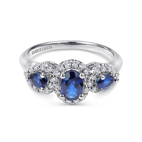 14k White Gold 3 Stone Sapphire and Pavé Diamond Halo Ring