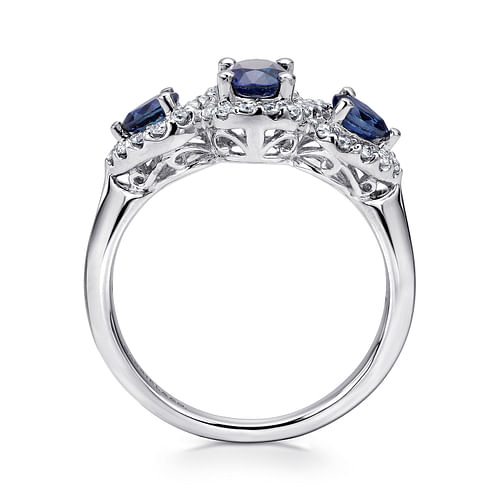 14k White Gold 3 Stone Sapphire and Pavé Diamond Halo Ring