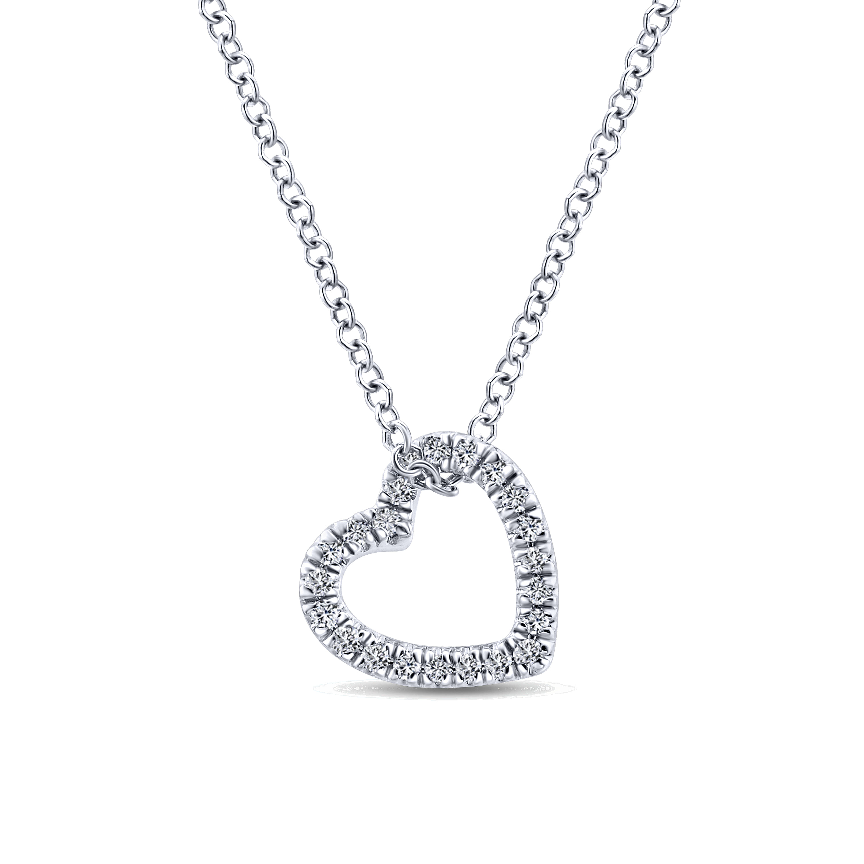 14k White Gold Angled Open Heart Diamond Necklace