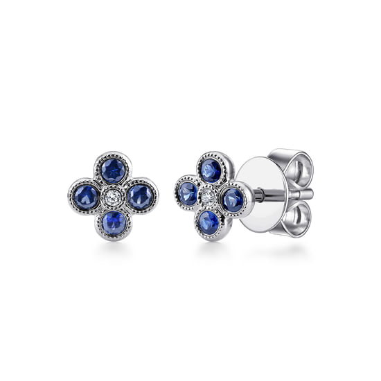 Gabriel - 14k White Gold Classic Diamond & Sapphire Quatrefoil Stud Earrings