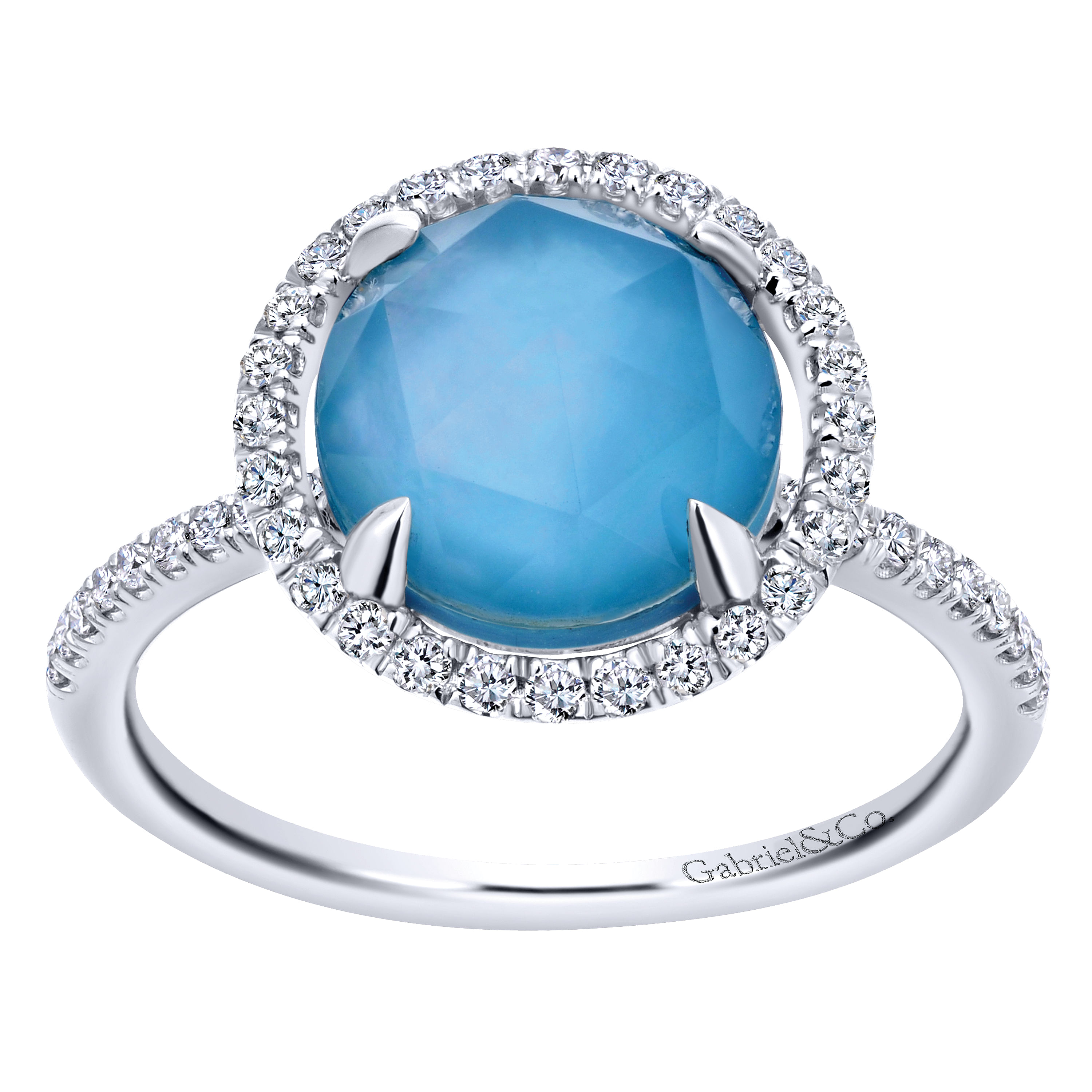 14k White Gold Classic Rock Crystal, White MOP & Turquoise Ring