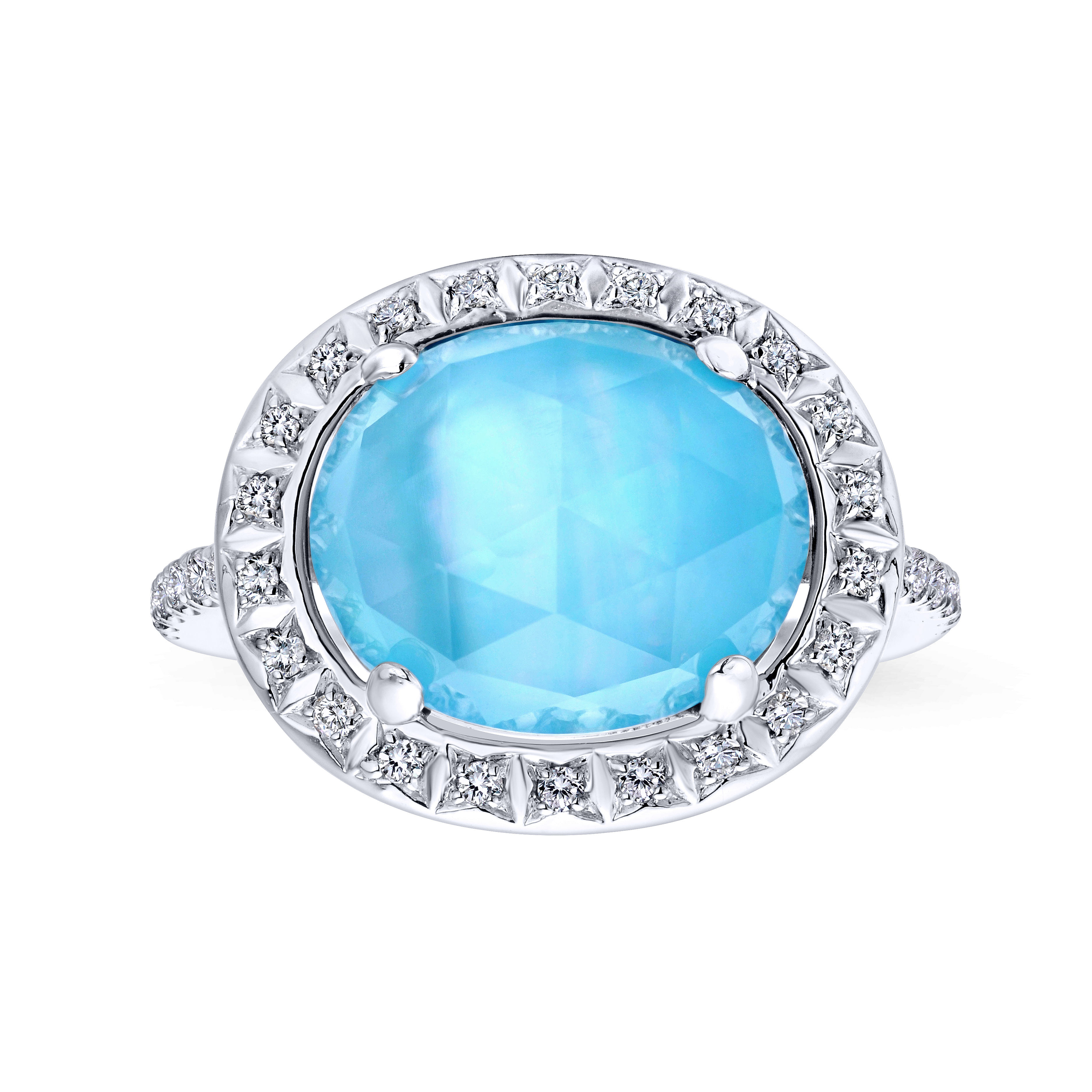 14k White Gold Classic Rock Crystal, White MOP & Turquoise Ring