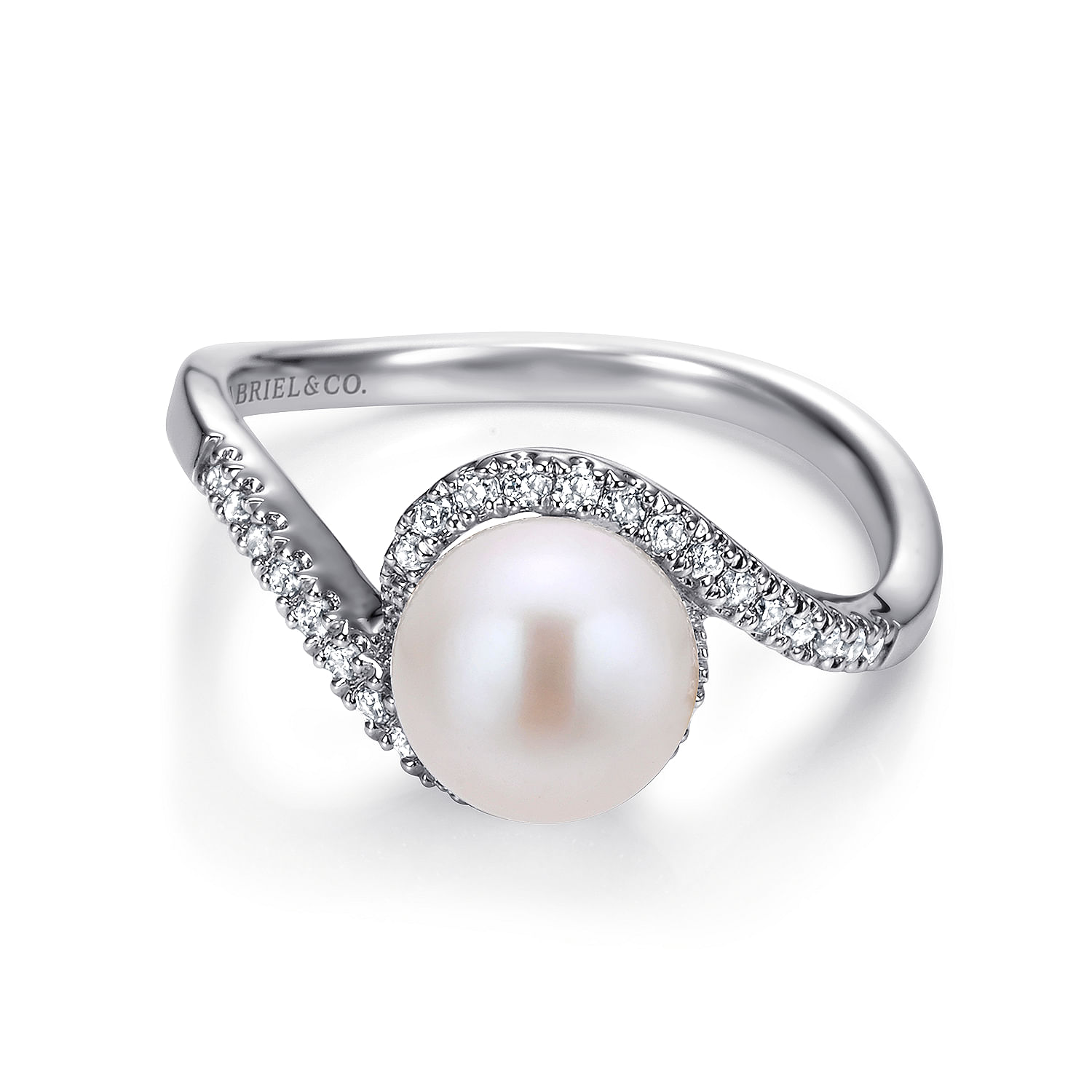 14k White Gold Cultured Pearl Diamond Bypass Ring