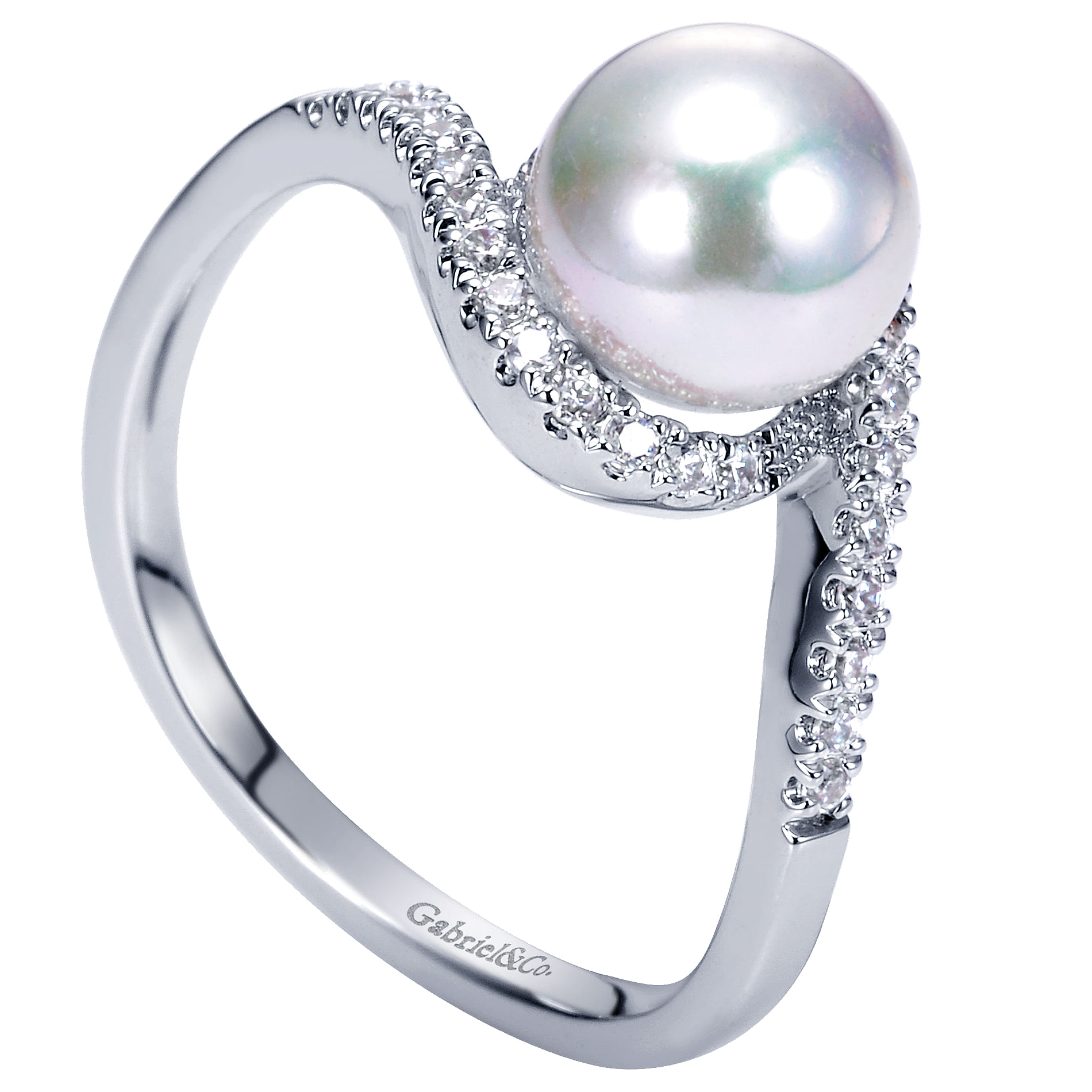 14k White Gold Cultured Pearl Diamond Bypass Ring
