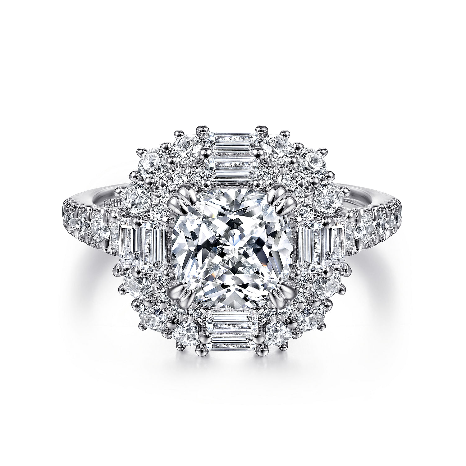 Gabriel - 14k White Gold Cushion Cut Double Halo Diamond Engagement Ring