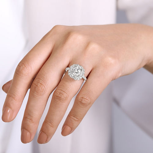 14k White Gold Cushion Cut Double Halo Diamond Engagement Ring