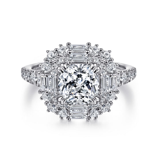Gabriel - 14k White Gold Cushion Double Halo Diamond Engagement Ring