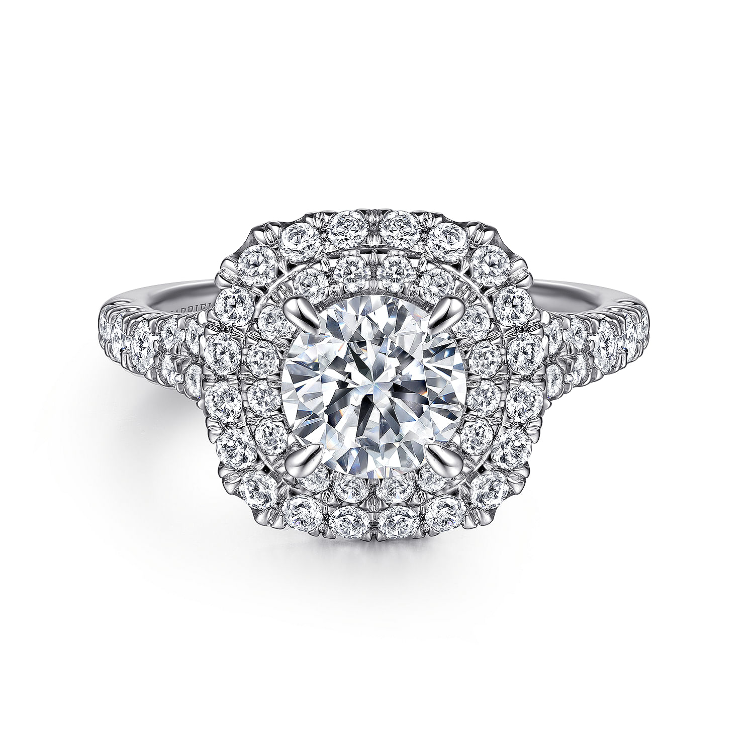 Gabriel - 14k White Gold Cushion Double Halo Round Diamond Engagement Ring