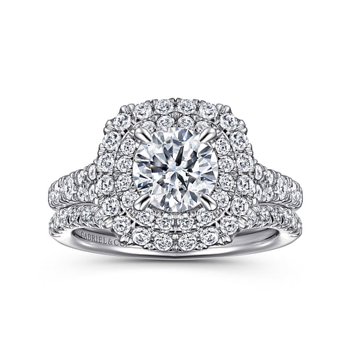 14k White Gold Cushion Double Halo Round Diamond Engagement Ring