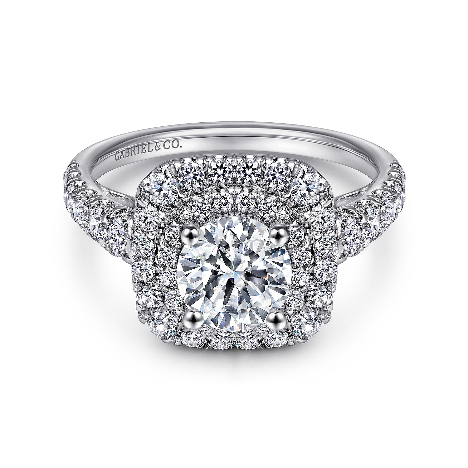 Gabriel - 14k White Gold Cushion Double Halo Round Diamond Engagement Ring