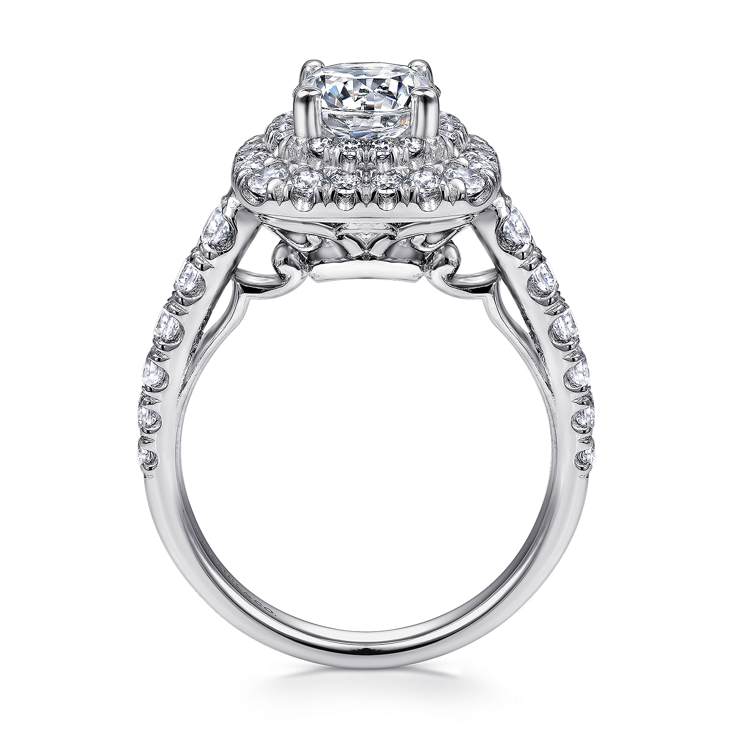 14k White Gold Cushion Double Halo Round Diamond Engagement Ring