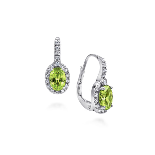 14k White Gold Diamond Halo Oval Cut Peridot Drop Earrings
