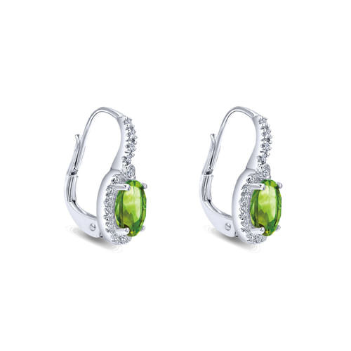 14k White Gold Diamond Halo Oval Cut Peridot Drop Earrings