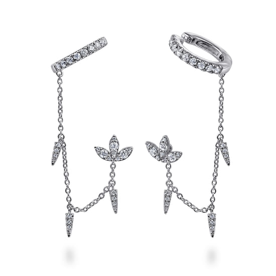 14k White Gold Diamond Lotus Single Stud With Chain Drop And Diamond Ear Cuff