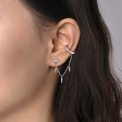 14k White Gold Diamond Lotus Single Stud With Chain Drop And Diamond Ear Cuff