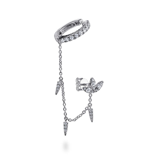 14k White Gold Diamond Lotus Stud With Chain Drop And Diamond Single Ear Cuff