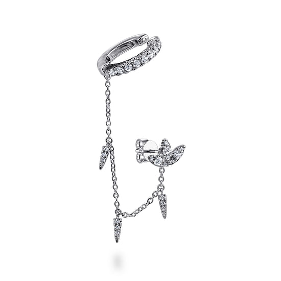 Gabriel - 14k White Gold Diamond Lotus Stud With Chain Drop And Diamond Single Ear Cuff