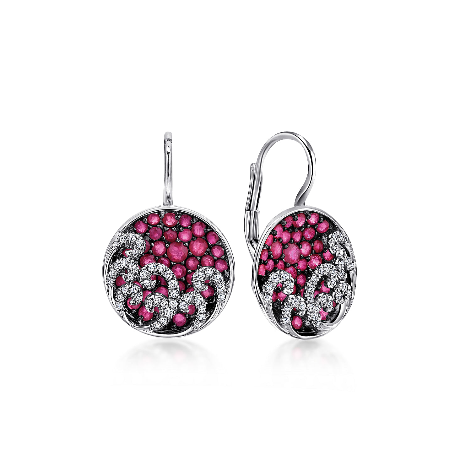 14k White Gold Diamond and Ruby Cluster Round Drop Earrings
