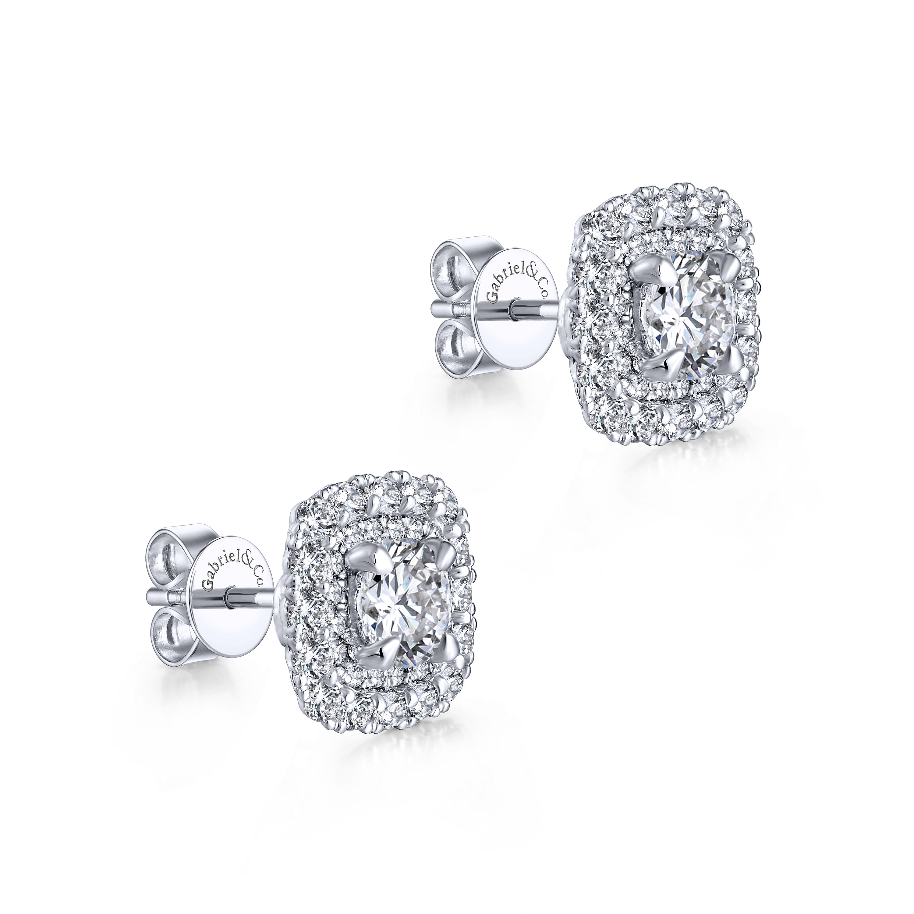 14k White Gold Double Halo Round Diamond Stud Earrings