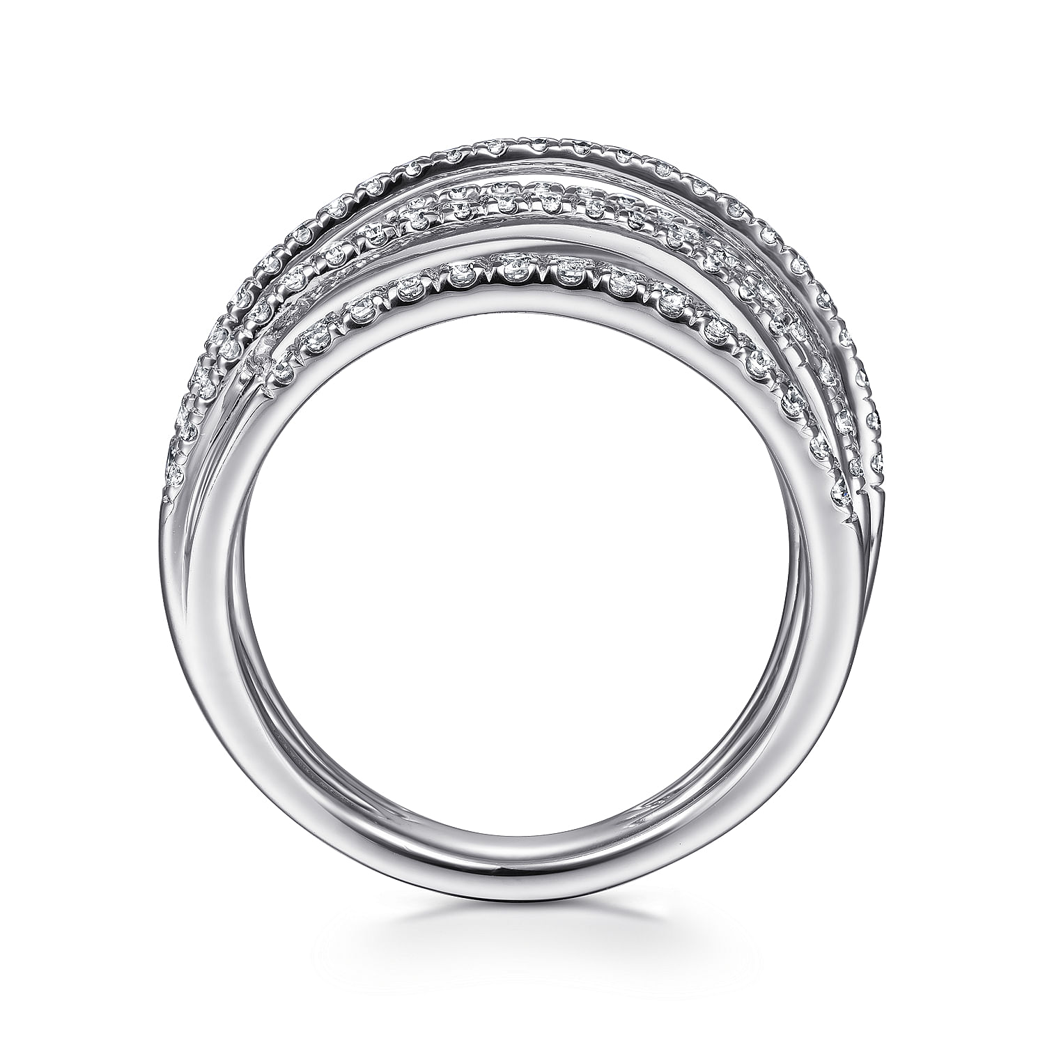 14k White Gold Layered Criss Crossing Wide Band Diamond Ring