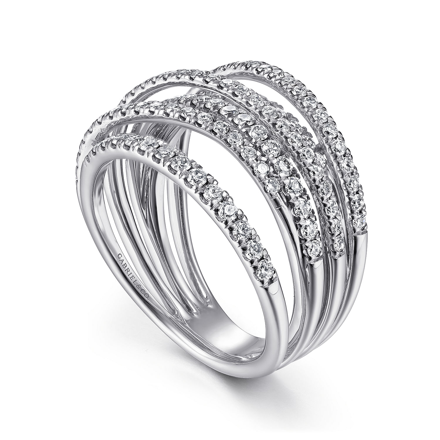 14k White Gold Layered Criss Crossing Wide Band Diamond Ring