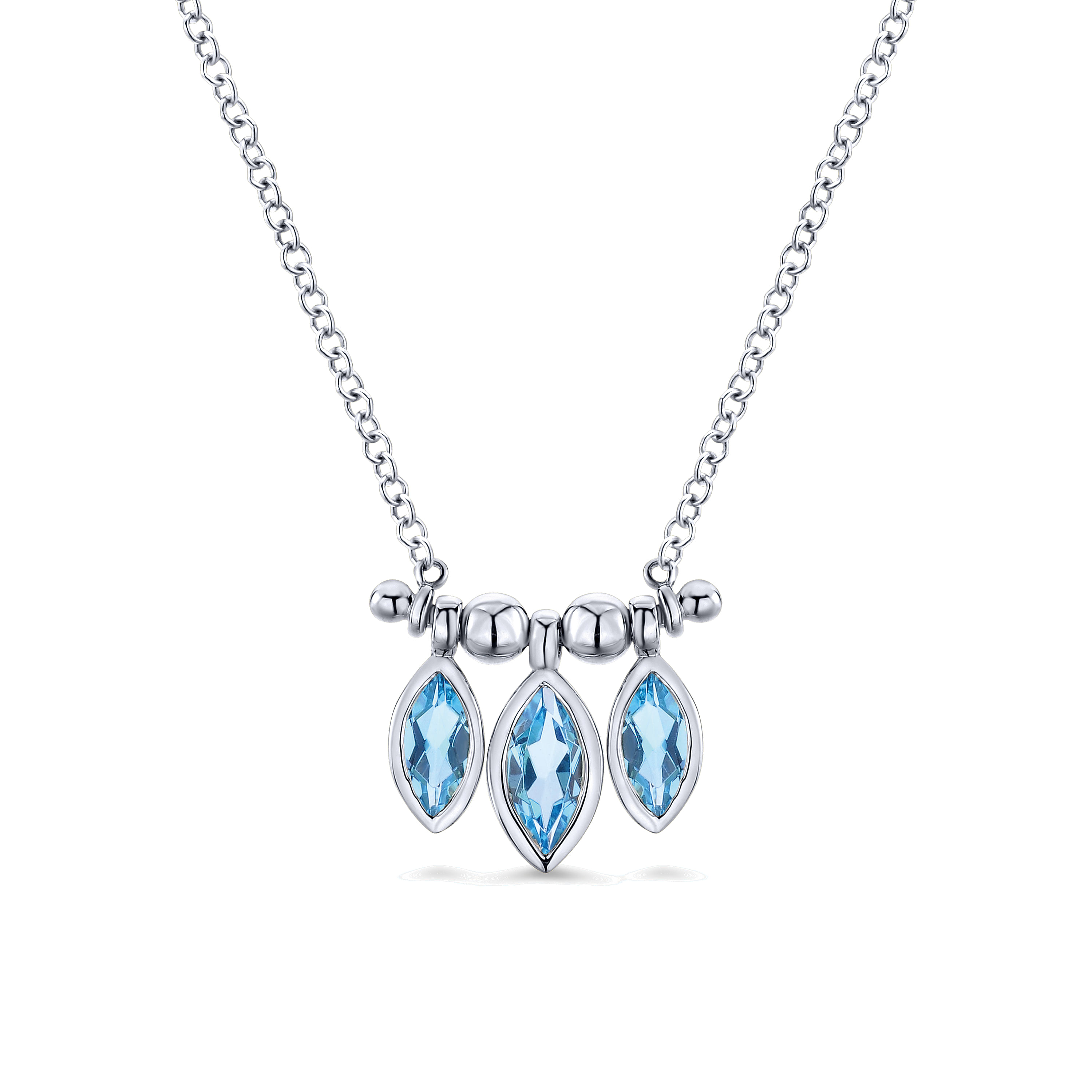 14k White Gold Marquise Cut Swiss Blue Topaz Curved Bar Necklace