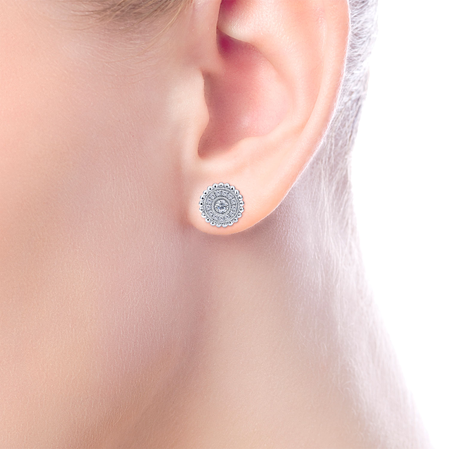 14k White Gold Milgrain Beaded Round Diamond Halo Stud Earrings