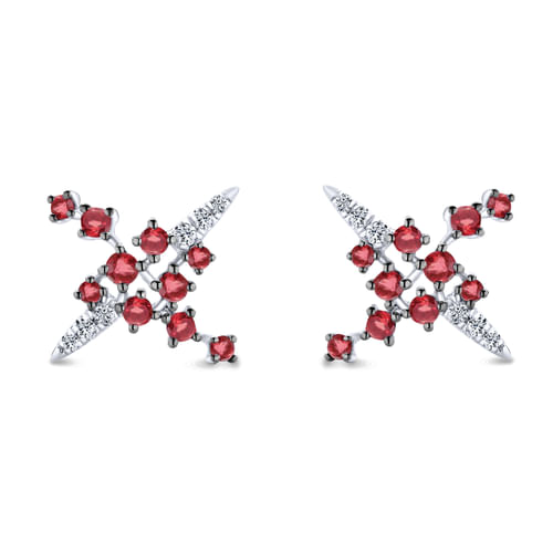 14k White Gold Modern Scattered Ruby and Diamond Stud Earrings