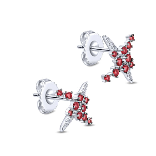 14k White Gold Modern Scattered Ruby and Diamond Stud Earrings