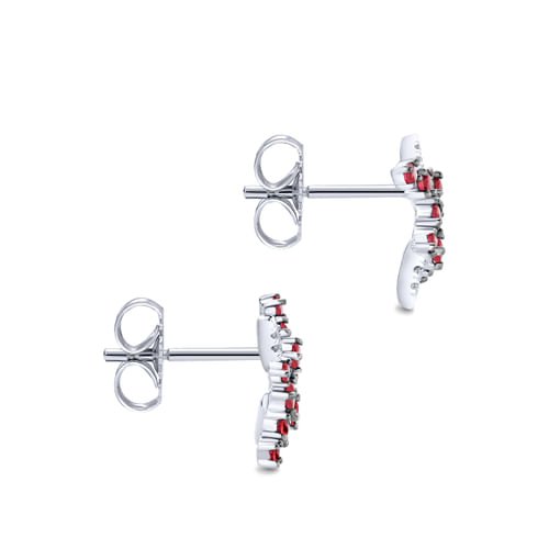 14k White Gold Modern Scattered Ruby and Diamond Stud Earrings