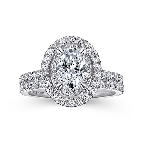 14k White Gold Oval Double Halo Diamond Engagement Ring