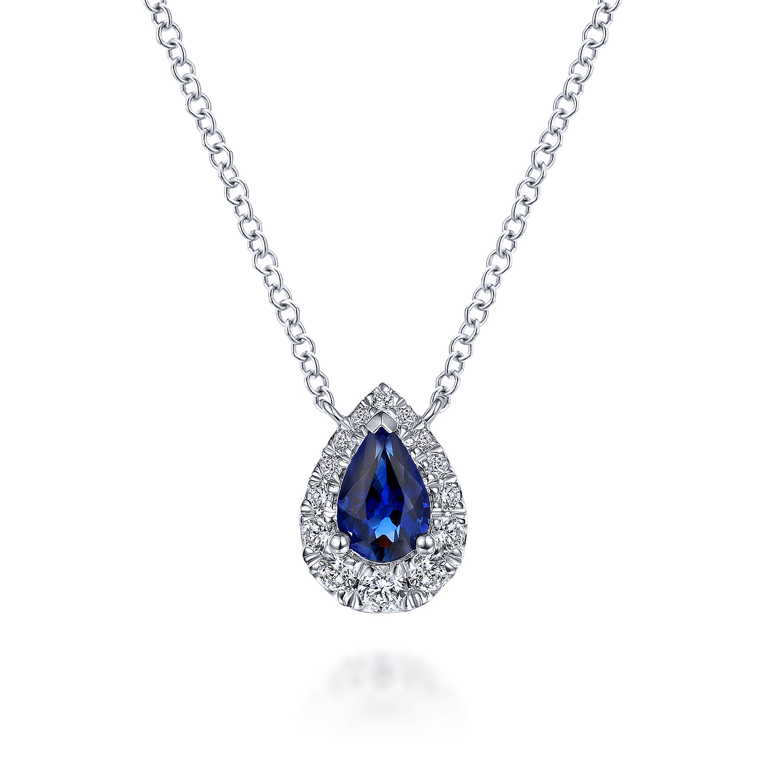 Gabriel - 14k White Gold Pear Shaped Sapphire Diamond Halo Pendant Necklace