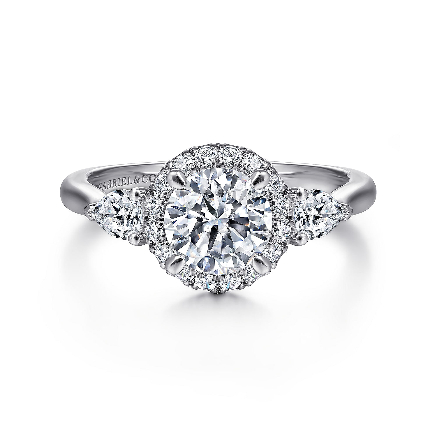 Gabriel - 14k White Gold Round Halo Three Stone Diamond Engagement Ring