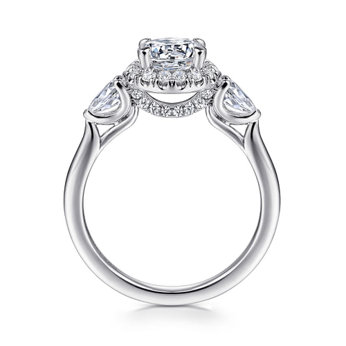 14k White Gold Round Halo Three Stone Diamond Engagement Ring