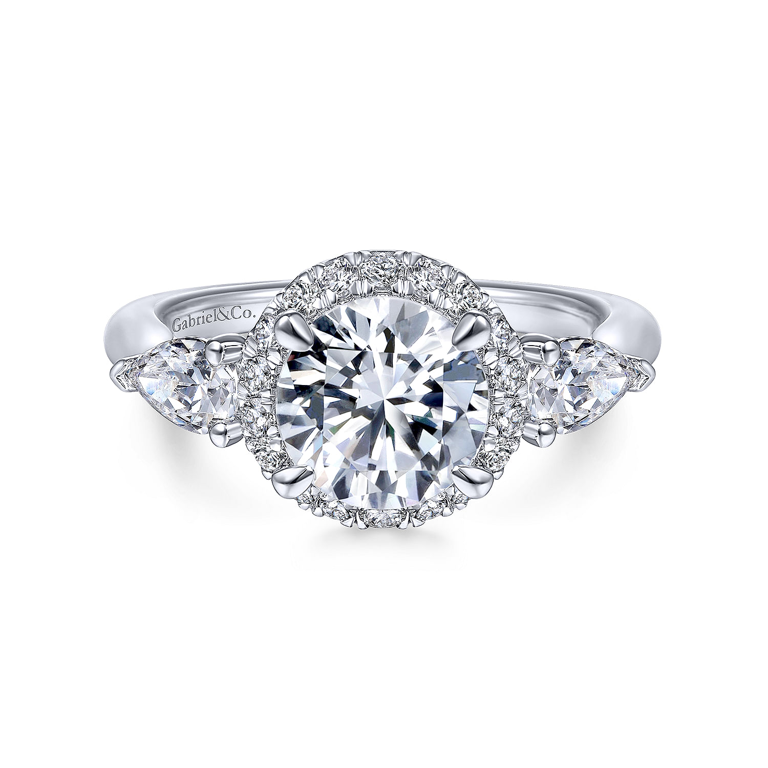 Gabriel - 14k White Gold Round Halo Three Stone Diamond Engagement Ring