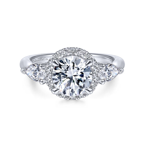 14k White Gold Round Halo Three Stone Diamond Engagement Ring