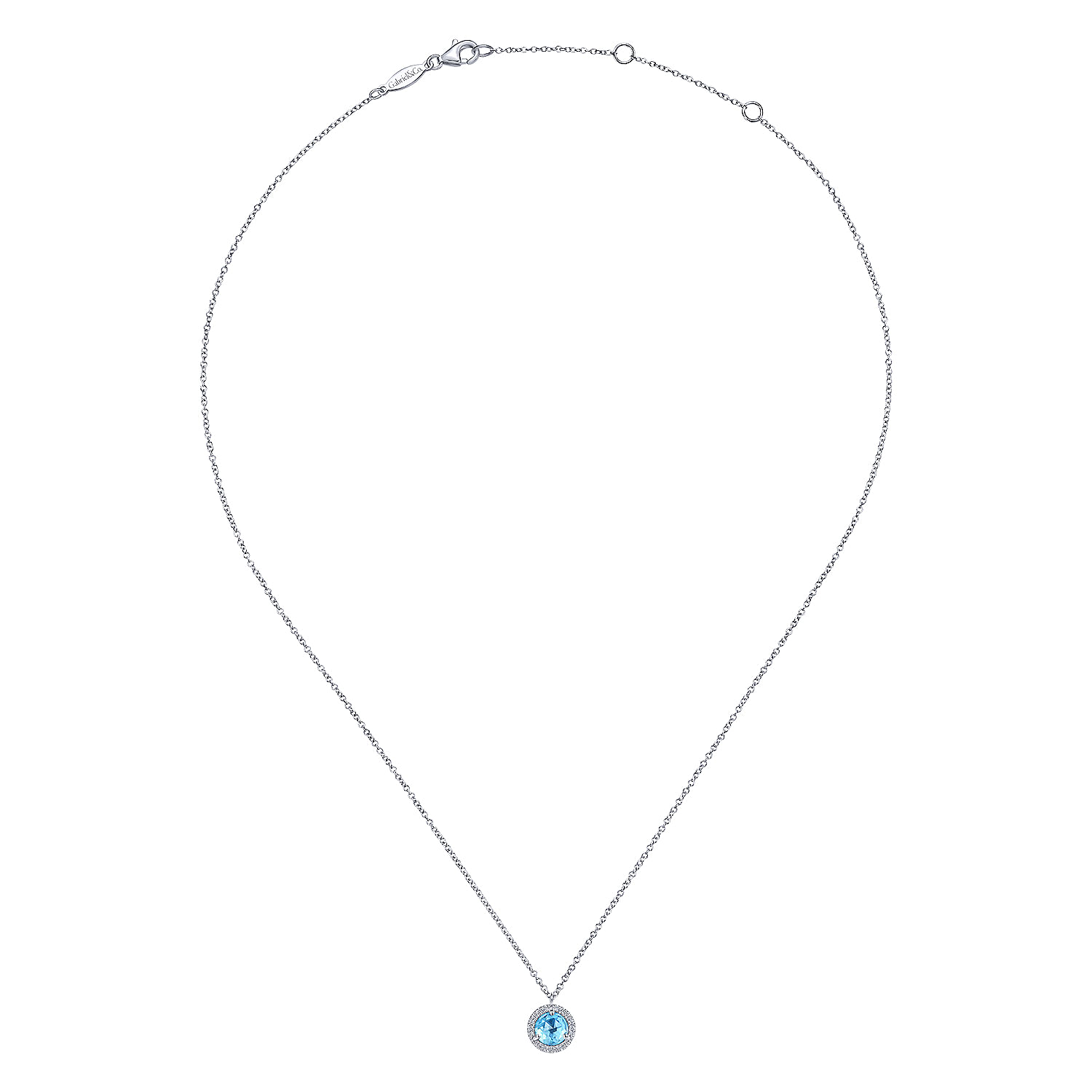 14k White Gold Round Swiss Blue Topaz Diamond Halo Necklace
