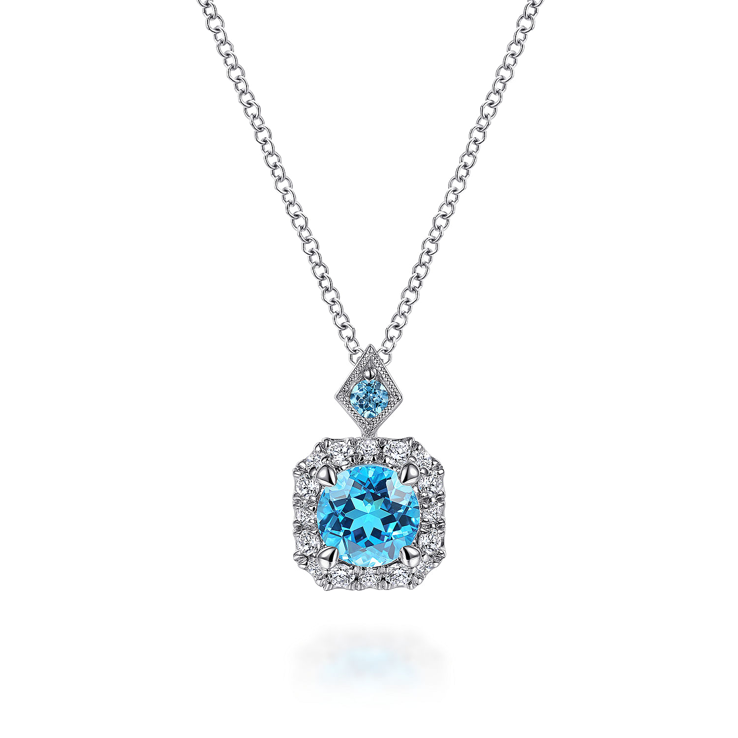 Gabriel - 14k White Gold Round Swiss Blue Topaz Diamond Halo Pendant Necklace