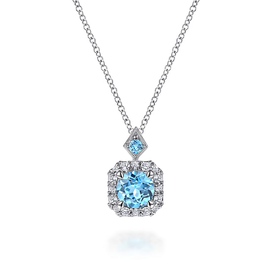 Gabriel - 14k White Gold Round Swiss Blue Topaz Diamond Halo Pendant Necklace