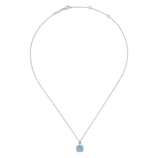 14k White Gold Round Swiss Blue Topaz Diamond Halo Pendant Necklace angle 2