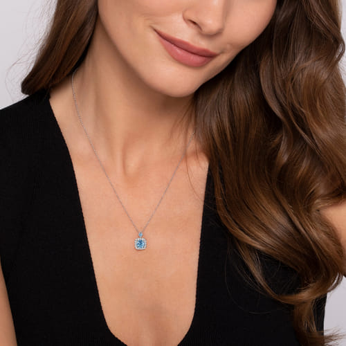 14k White Gold Round Swiss Blue Topaz Diamond Halo Pendant Necklace