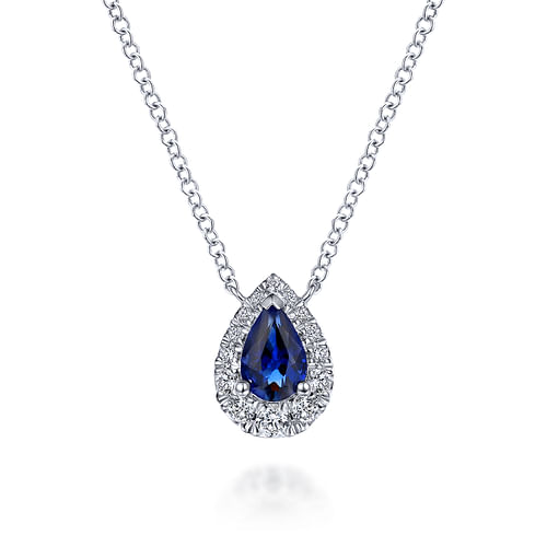 14k White Gold Sapphire Diamond Halo Teardrop Pendant Necklace