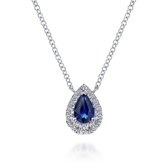 Gabriel - 14k White Gold Sapphire Diamond Halo Teardrop Pendant Necklace