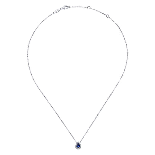 14k White Gold Sapphire Diamond Halo Teardrop Pendant Necklace