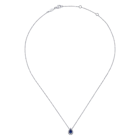 14k White Gold Sapphire Diamond Halo Teardrop Pendant Necklace angle 2