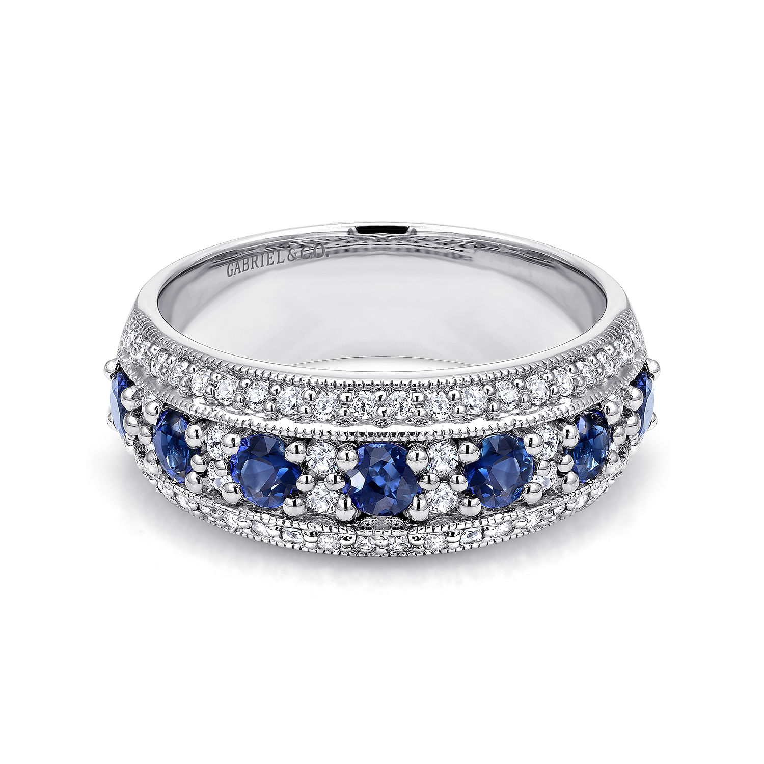 Gabriel - 14k White Gold Vintage Inspired Alternating Sapphire and Diamond Band