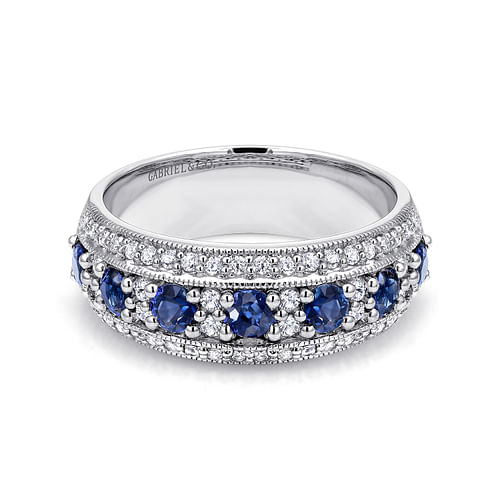 14k White Gold Vintage Inspired Alternating Sapphire and Diamond Band