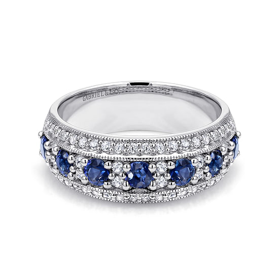 Gabriel - 14k White Gold Vintage Inspired Alternating Sapphire and Diamond Band