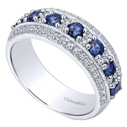 14k White Gold Vintage Inspired Alternating Sapphire and Diamond Band